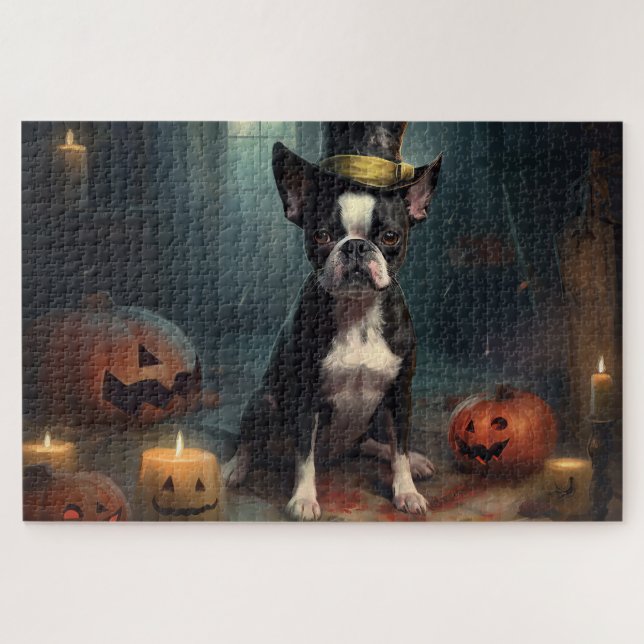 Quebra-cabeça Boston Terrier Pumpkins Halloween Assustado (Horizontal)