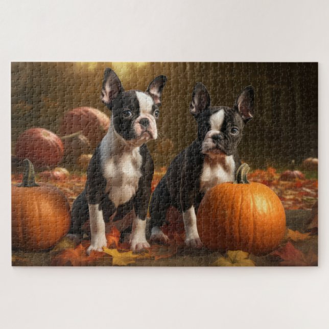 Quebra-cabeça Boston Terrier Puppy Autumn Delight Pumpkin (Horizontal)