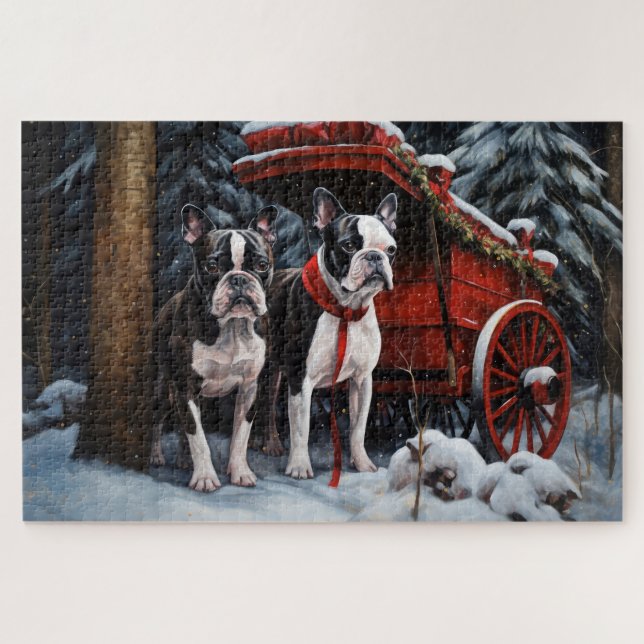 Quebra-cabeça Boston Terrier Snowy Sleigh Decoração de Natal    (Horizontal)