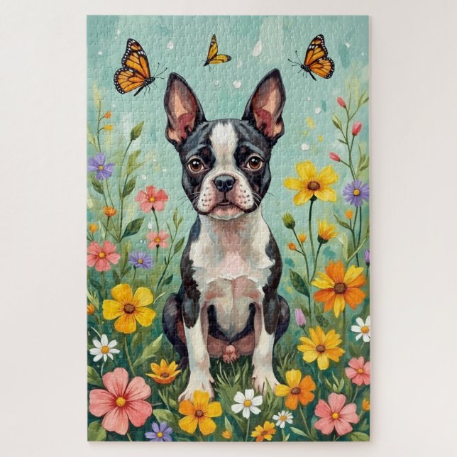Quebra-cabeça Boston Terrier Spring Botanical Garden Dog (Vertical)