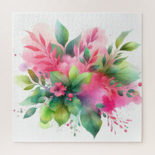 Quebra-cabeça Botânico Florido Aquarela Rosa Verde