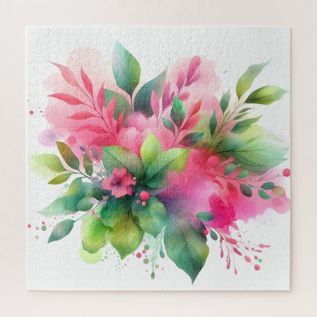 Quebra-cabeça Botânico Florido Aquarela Rosa Verde (Vertical)