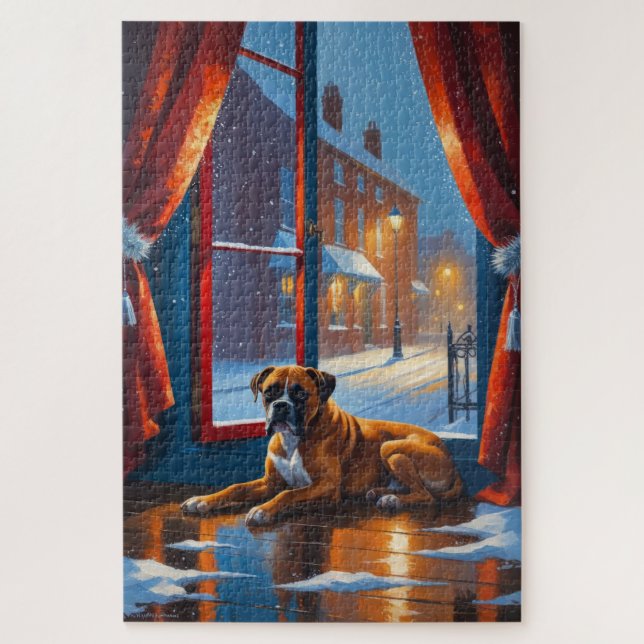 Quebra-cabeça Boxer com Luzes de Natal Feriado (Vertical)