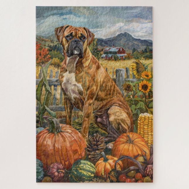 Quebra-cabeça Boxer Dog Autumn Harvest Ação de Graças (Vertical)