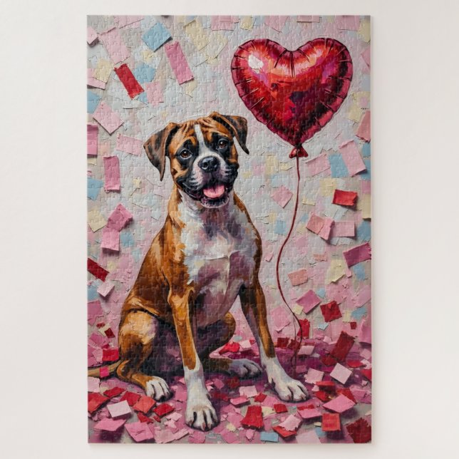 Quebra-cabeça Boxer Dog Valentine's Day Heart Balloon Fun (Vertical)