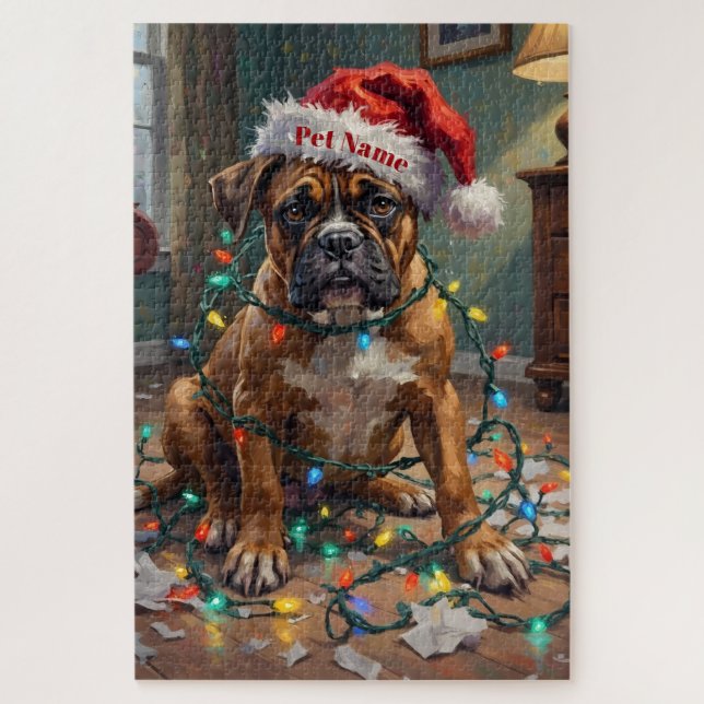 Quebra-cabeça Boxer Enroscado em Luzes de Natal Chapéu Culpado (Vertical)
