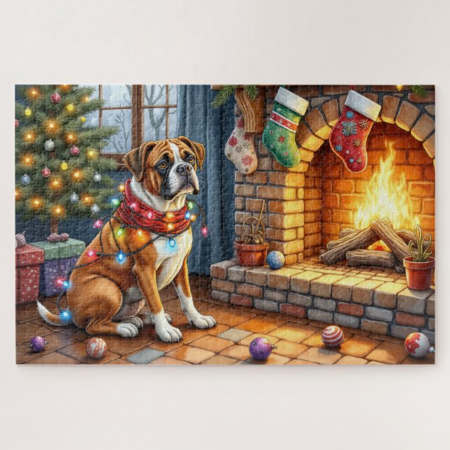 Quebra-cabeça Boxer Sitting by Fireplace with Christmas Lights (Horizontal)