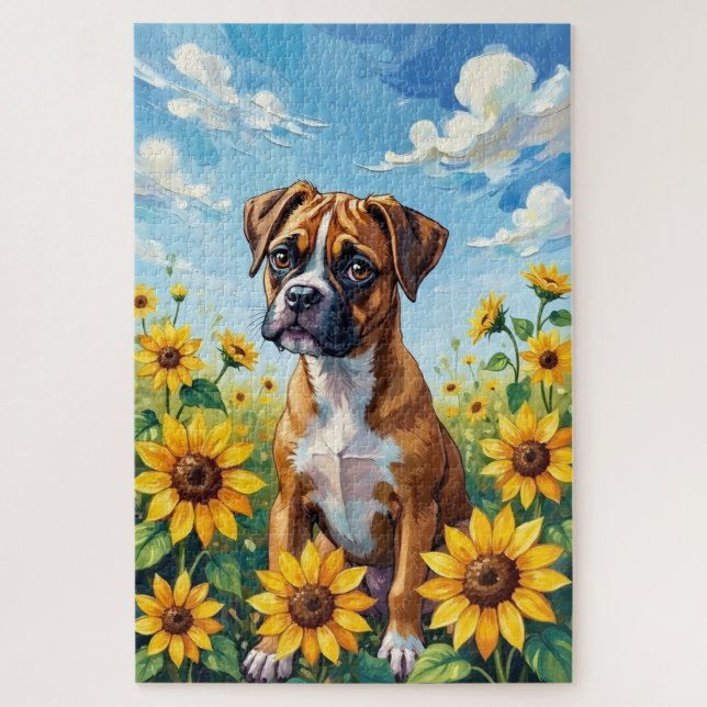 Quebra-cabeça Boxer Spring Sunflower Field Dog (Vertical)
