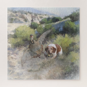 Quebra-cabeça Brittany Spaniel caçando partucho chukar, Art