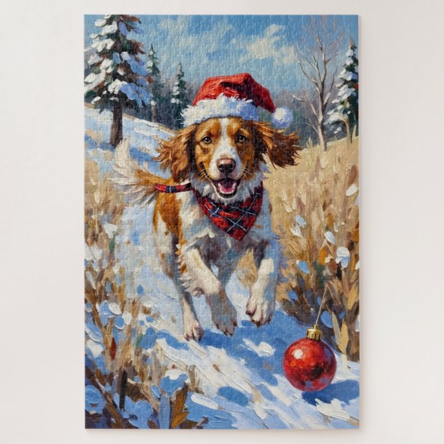 Quebra-cabeça Brittany Spaniel Chasing Christmas Ornament Hat (Vertical)