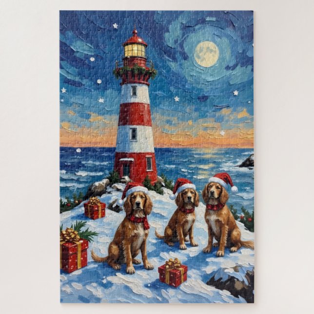 Quebra-cabeça Brittany Spaniel Christmas Lighthouse Holiday (Vertical)