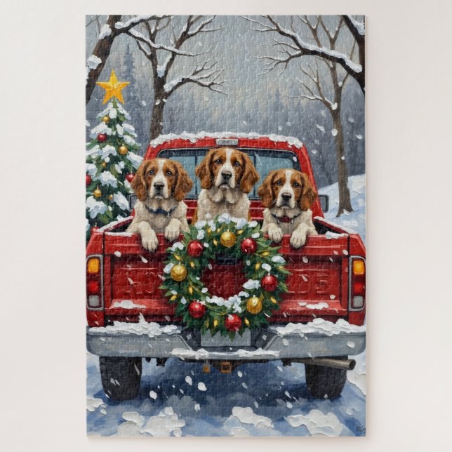 Quebra-cabeça Brittany Spaniel Christmas Red Truck Holiday (Vertical)