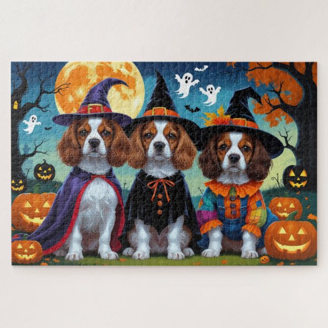 Quebra-cabeça Brittany Spaniel Dogs Pumpkin Halloween Engraçado (Horizontal)