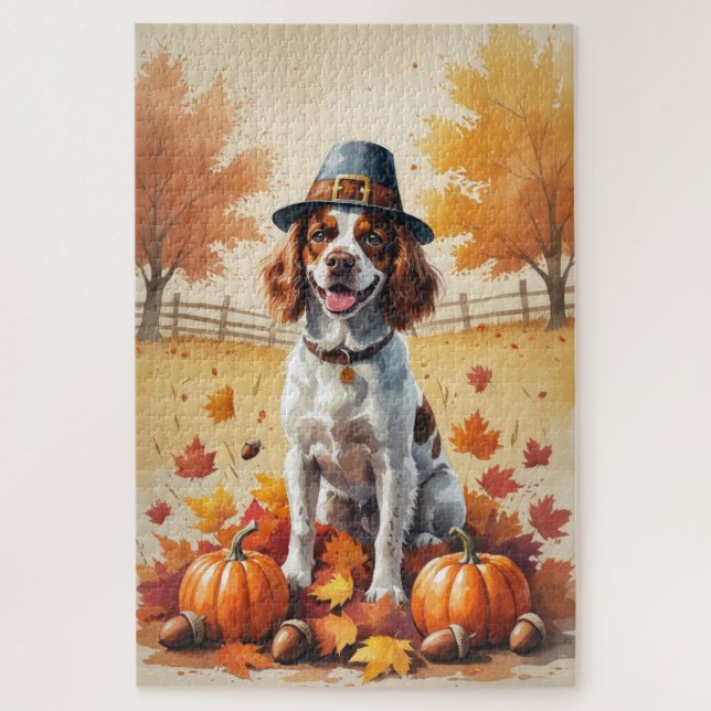 Quebra-cabeça Brittany Spaniel em Folhas de Outono Arte de Ação  (Vertical)