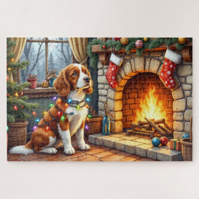 Quebra-cabeça Brittany Spaniel Fireplace with Christmas Lights (Horizontal)