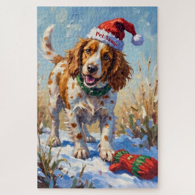 Quebra-cabeça Brittany Spaniel Pointing at Santa's Glove Hat (Vertical)
