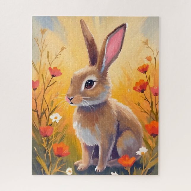 Quebra-cabeça Brown Bunny Floral Field Animal Painting (Vertical)