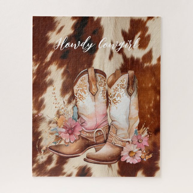 Quebra-cabeça Brown Cream Cowhide CowGirl Floral Boots (Vertical)