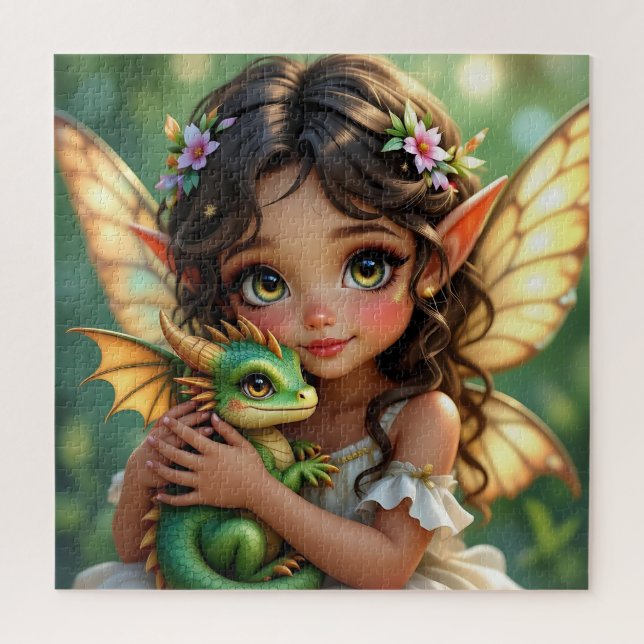 Quebra-cabeça Brown Eyed Elven Fairy and Dragon  (Vertical)