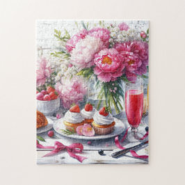Quebra-cabeça Brunch Elegante com Pastéis e Peônias