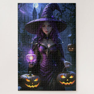 Quebra-cabeça Bruxa Animada do Halloween e Jack-O-Lanterns