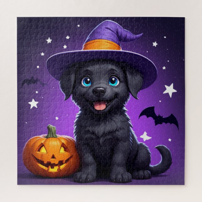 Quebra-cabeça Bruxa de Chapéu de Cachorrinho Fofo Halloween 🐶 (Vertical)