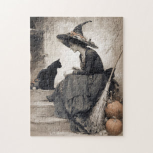 Quebra-cabeça Bruxa de estilo antigo e arte de gato