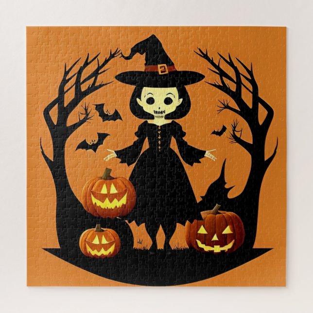 Quebra-cabeça Bruxa de Halloween com Abóboras em Cenário Assusta (Vertical)