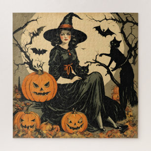 Quebra-cabeça Bruxa de Halloween Vintage, Abóbora, Gato Negro, M