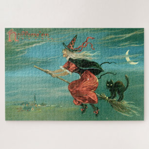 Quebra-cabeça Bruxa de Halloween Vintage com Gato Negro