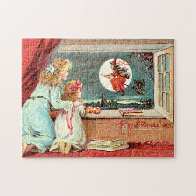 Quebra-cabeça Bruxa de Halloween Vintage com Vassoura (Horizontal)