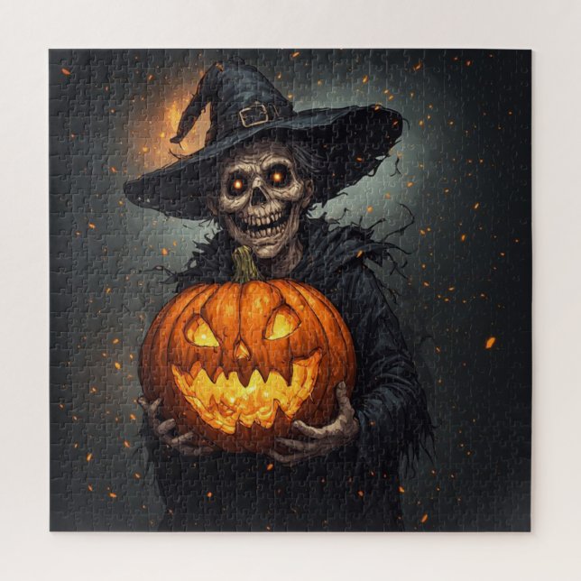 Quebra-cabeça Bruxa Esqueleto Com Abóbora Brilhante Halloween 🎃 (Vertical)