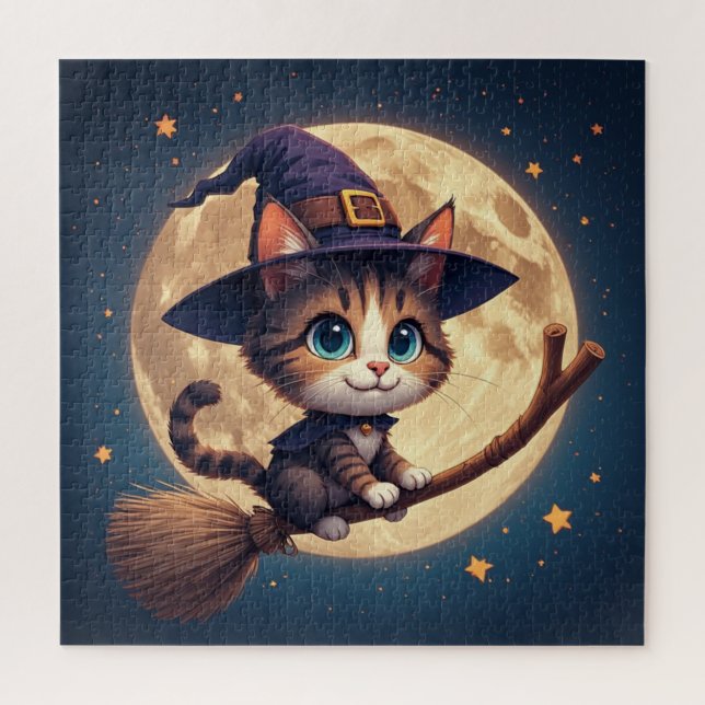 Quebra-cabeça Bruxa Gatinha Fofa Sob Estrelas e Lua Cheia 🎃 (Vertical)