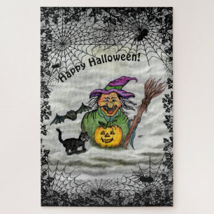 Quebra-cabeça Bruxa, Gato, Bat e Pumpkin, Feliz Halloween!