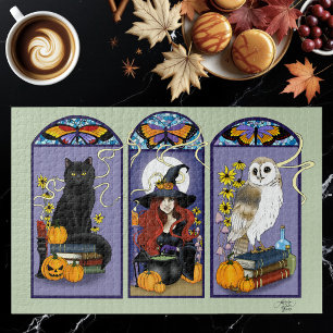 Quebra-cabeça Bruxa Gótica Gato Preto Coruja Halloween Art Nouve