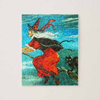 Quebra-cabeça Bruxa Voadora e Gato Preto no Halloween