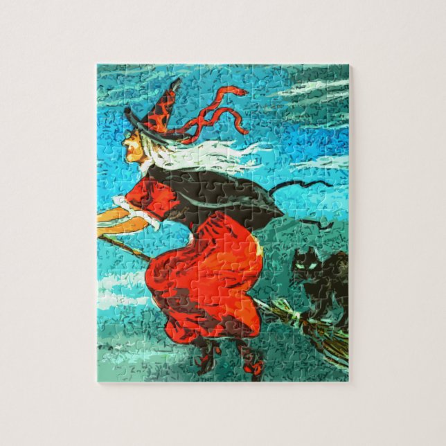 Quebra-cabeça Bruxa Voadora e Gato Preto no Halloween (Vertical)