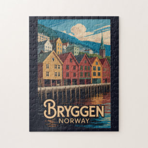 Quebra-cabeça Bryggen Noruega Ilustração Arte Viagem Bergen