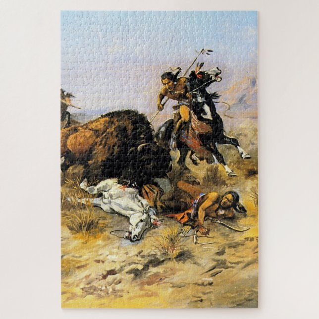 Quebra-cabeça "Buffalo Hunt" - Arte do Cowboy por Charles Russel (Vertical)