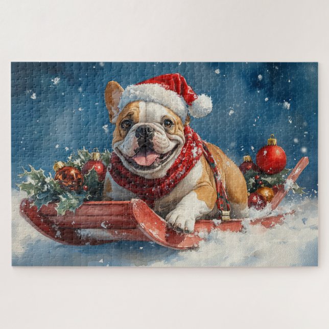 Quebra-cabeça Buldogue em Sledge Deixe-o nevar Natal (Horizontal)