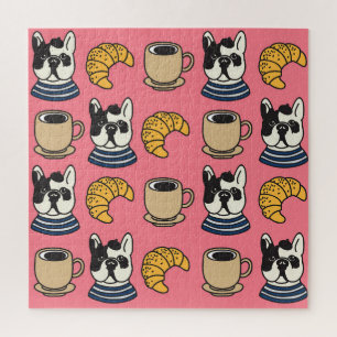 Quebra-cabeça Buldogue francês, café, tema croissant.