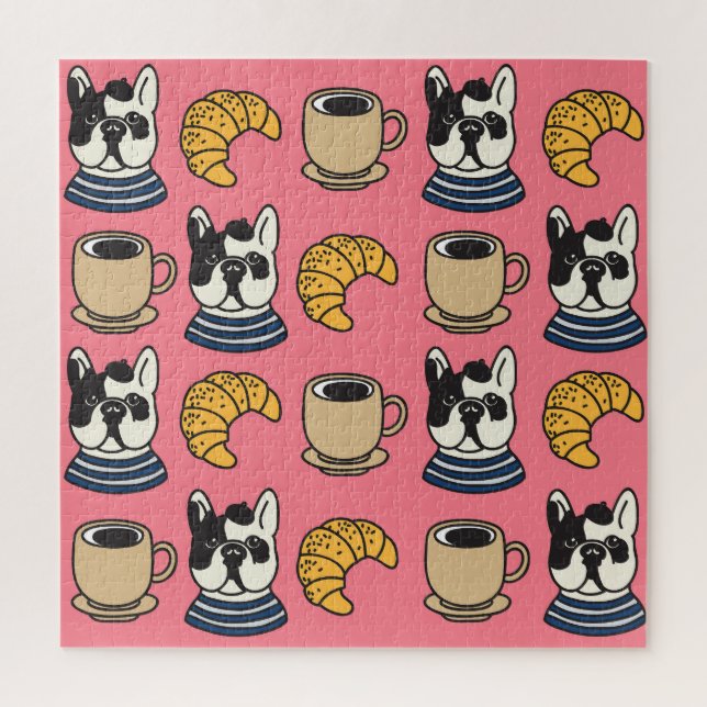 Quebra-cabeça Buldogue francês, café, tema croissant. (Vertical)