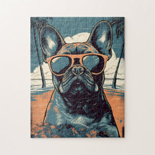 Quebra-cabeça Buldogue francês com óculos de sol numa praia trop