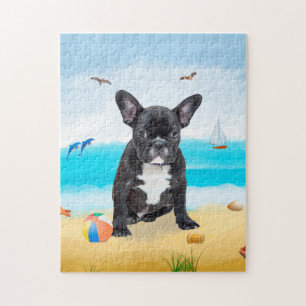 Quebra-cabeça buldogue francês na praia