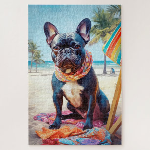 Quebra-cabeça Buldogue francês na praia, presente de verão para 