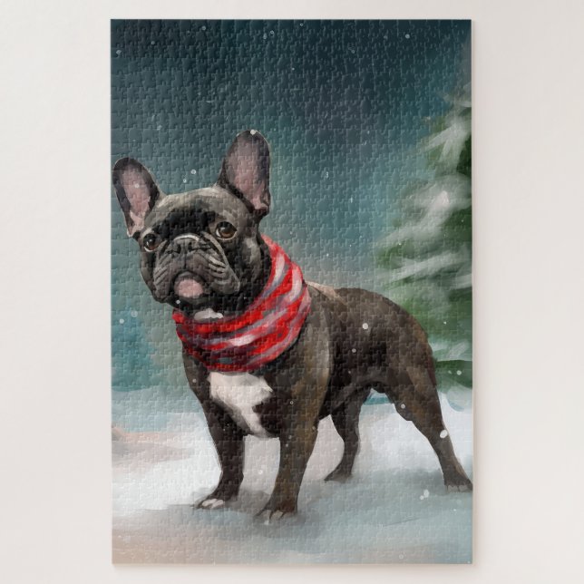 Quebra-cabeça Buldogue francês no Natal da neve (Vertical)