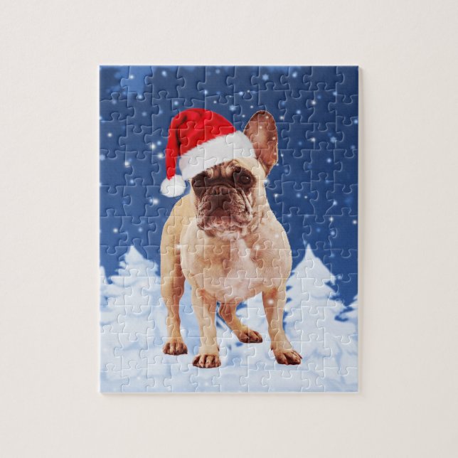 Quebra-cabeça Buldogue francês no Natal da neve com o Papai Noel (Vertical)