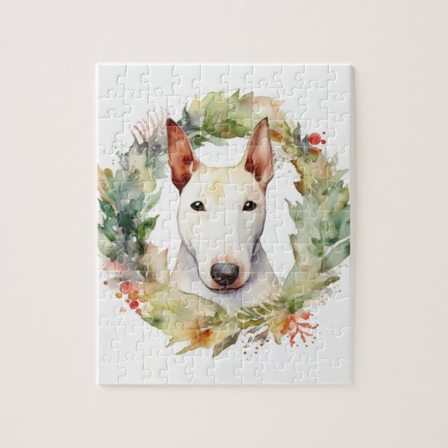 Quebra-cabeça Bull Terrier Christmas Wreath Festivo Pup (Vertical)