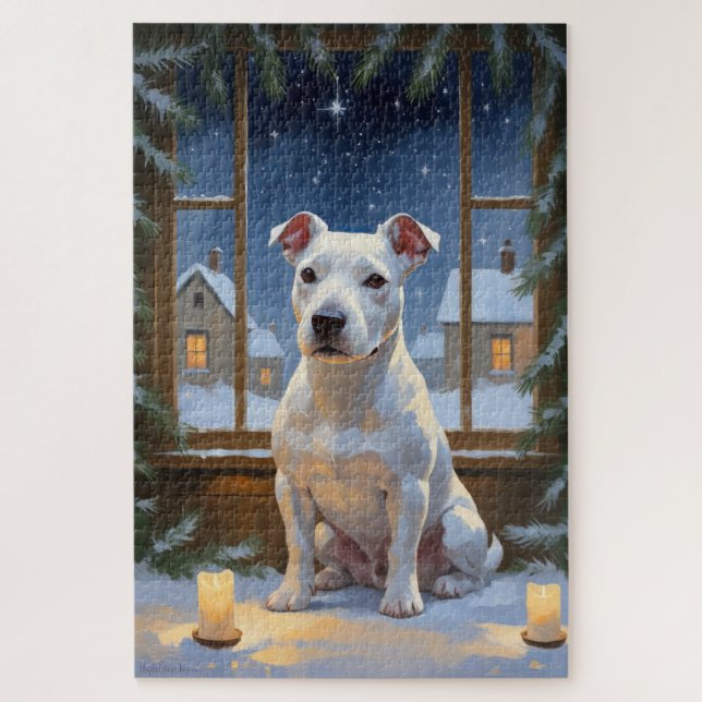 Quebra-cabeça Bull Terrier com Luzes de Natal Feriado (Vertical)
