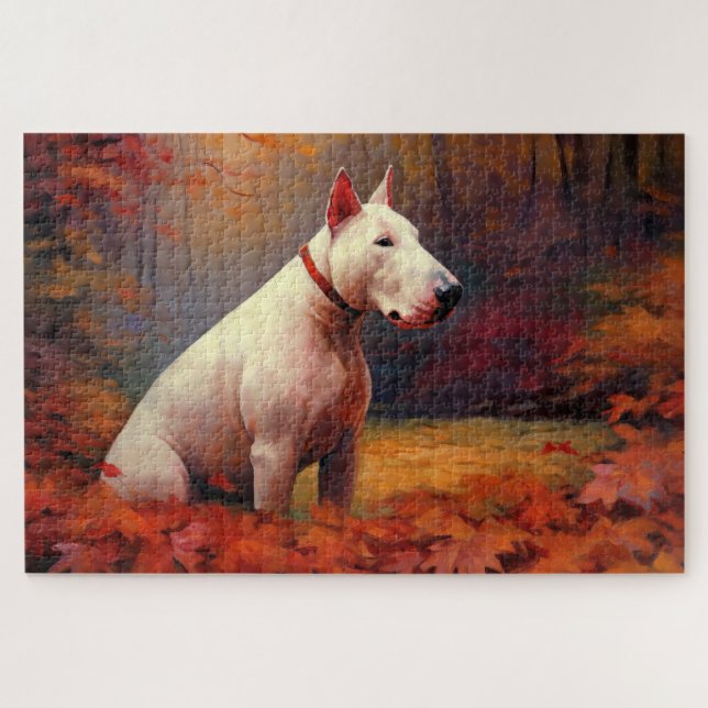 Quebra-cabeça Bull Terrier em Folhas de Outono Caem Inspiração (Horizontal)